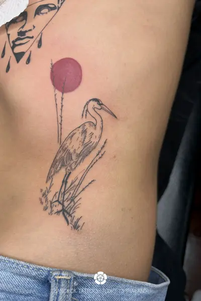 black-ink-tattoo-japanese-bird-heron-sunset