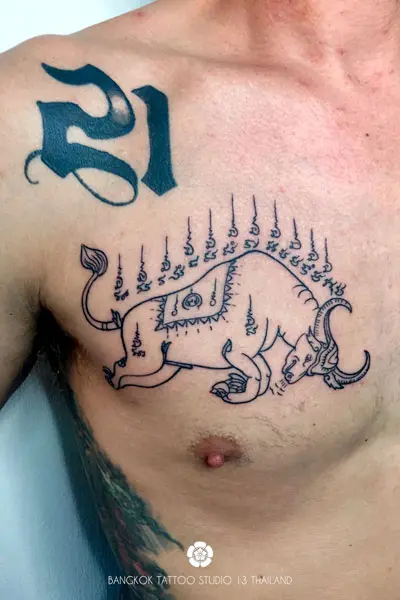 sak-yant-buffalo-tattoo-on-the chest