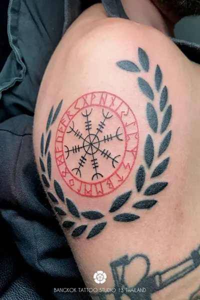 viking-tattoo-compass-red-color-runes-traditional-nordic